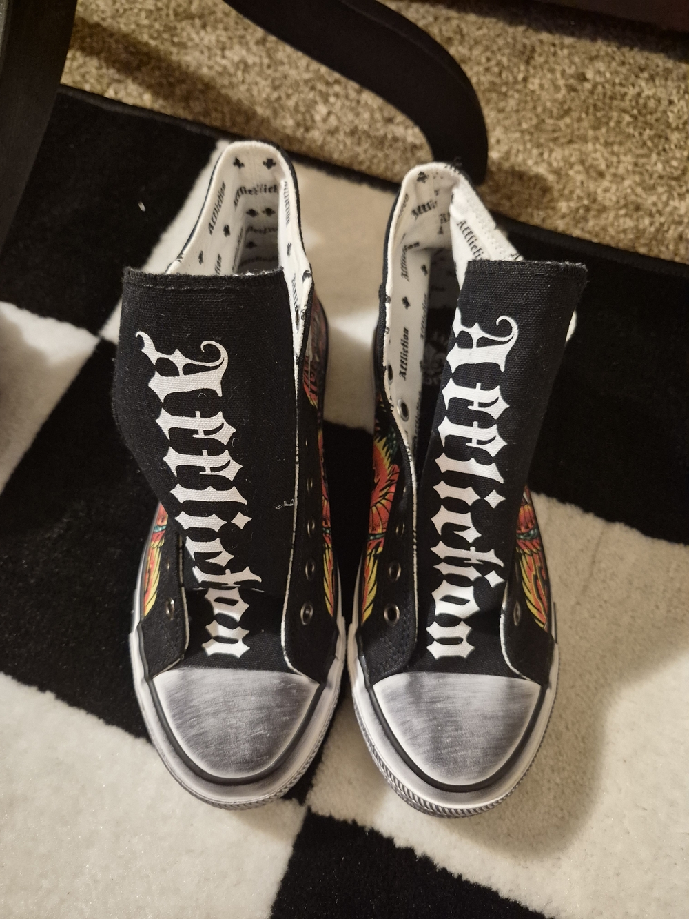 Affliction Black High-Top Sneakers with Red and Yellow Flame Graphic